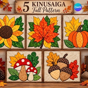 May include: Five Kinusaiga fabric art panels featuring autumn themes including a sunflower, a maple leaf, a pumpkin, mushrooms, and acorns. Each square panel displays quilted textures and vibrant fall colors like orange, yellow, and green.