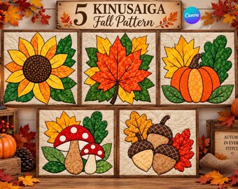5 Fall Kinusaiga Patterns, Autumn Fabric Art Templates, Printable No Sew Fabric Mosaic PDF, Pumpkin Leaf Mushroom Sun flower  Acorn Patterns