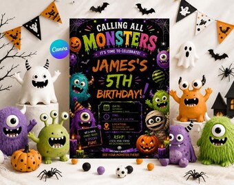 Halloween-Monster-Geburtstagseinladung, Niedliche Monster-Partyeinladung, Gruselige Kindergeburtstagseinladung, Halloween-Geburtstagsvorlage, Bearbeitbare Canva-Datei.