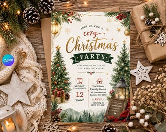 Aquarell Weihnachtsfeier Einladung Vorlage, bearbeitbare Urlaub einladen, druckbare Weihnachtsfeier einladen, Canva Weihnachtseinladung.