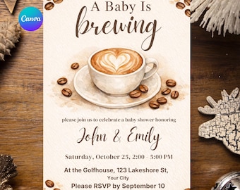 Ein Baby braut Babypartyeinladung, Kaffeethema Babyparty einladen, bearbeitbare Babypartyvorlage, neutrale Babyparty einladen.