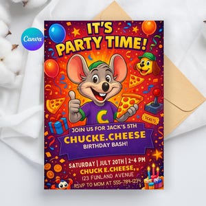 Chuck E. Cheese Birthday Invitation | Kids Party Invite | Editable Digital Download | Fun Pizza Arcade Theme | Instant Download
