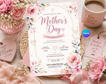 Muttertagskarte mit rosa Blumenmuster, druckbare Muttertagskarte, Karte zum Muttertag, Aquarell-Blumenkarte, Grußkarte für Mama, bearbeitbare Einladung