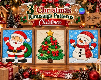 3 Christmas Kinusaiga Patterns PDF, Santa Snowman Christmas Tree, No Sew Fabric Art Templates, Printable Fabric Mosaic Patterns.