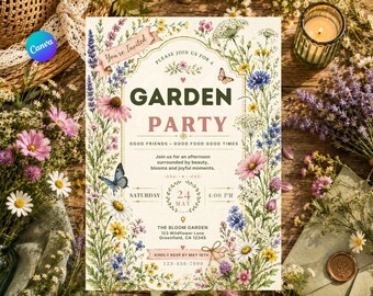 Einladung zur Wildblumen-Gartenparty, Einladung zur Gartenparty, Einladung zur floralen Teeparty, Einladung zum Schmetterlingsgeburtstag, Vorlage für eine Frühlings-/Sommerparty.