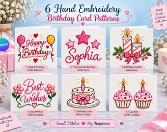 6 Hand Embroidery Birthday Card Patterns |Printable Stitch Designs |DIY Handmade Greeting Cards  Birthday Cake, Balloons, Candles, Cupcakes