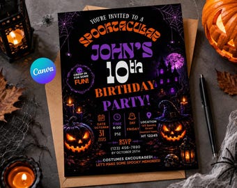 Gruselige Halloween-Geburtstagseinladungsvorlage, bearbeitbare Halloween-Partyeinladung, Kinder-Halloween-Geburtstag, Canva 5x7 Digitaler Download.