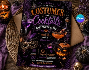 Costumes and Cocktails Halloween Party Invitation, Editable Halloween Invite Template, Adult Costume Party ,Canva Invite, Printable Invite.