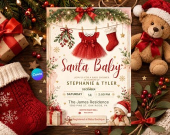 Einladungsvorlage für eine Babyparty mit Weihnachtsmann-Motiv, Weihnachtseinladung für eine Babyparty in Rot, bearbeitbare Einladung, druckbare Canva-Einladung