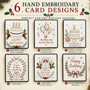 Puede incluir: Seis diseños de tarjetas para bordado a mano con temas festivos. Las tarjetas muestran ilustraciones de pasteles de cumpleaños, globos, cajas de regalo y coronas con detalles en rojo y verde. El texto incluye Happy Birthday y otros mensajes.