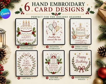 Handstickkartenmuster, 6 Geburtstagsdesigns, Druckbare Stickkarten, DIY-Stickmuster, Bastelkartenmuster, Digitale Stickerei.