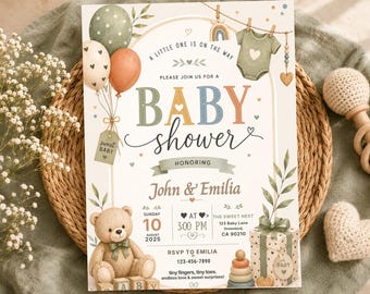 Vorlage für eine neutrale Babyparty-Einladung, bearbeitbare Babyparty-Einladung, Boho-Babyparty-Einladung, geschlechtsneutrale Babyparty, Canva-Einladung