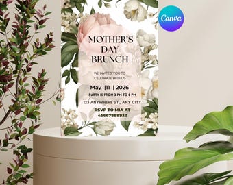Muttertag Brunch-Einladungsvorlage, Blumen Muttertag einladen, bearbeitbare Brunch-Einladung, druckbare Mom Party einladen, canva Vorlage.