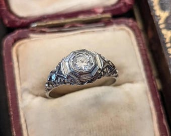 Anillo de compromiso Art Déco con solitario de diamantes y bisel octogonal, anillo de filigrana de oro blanco de 14 quilates, regalo vintage de aniversario de boda.