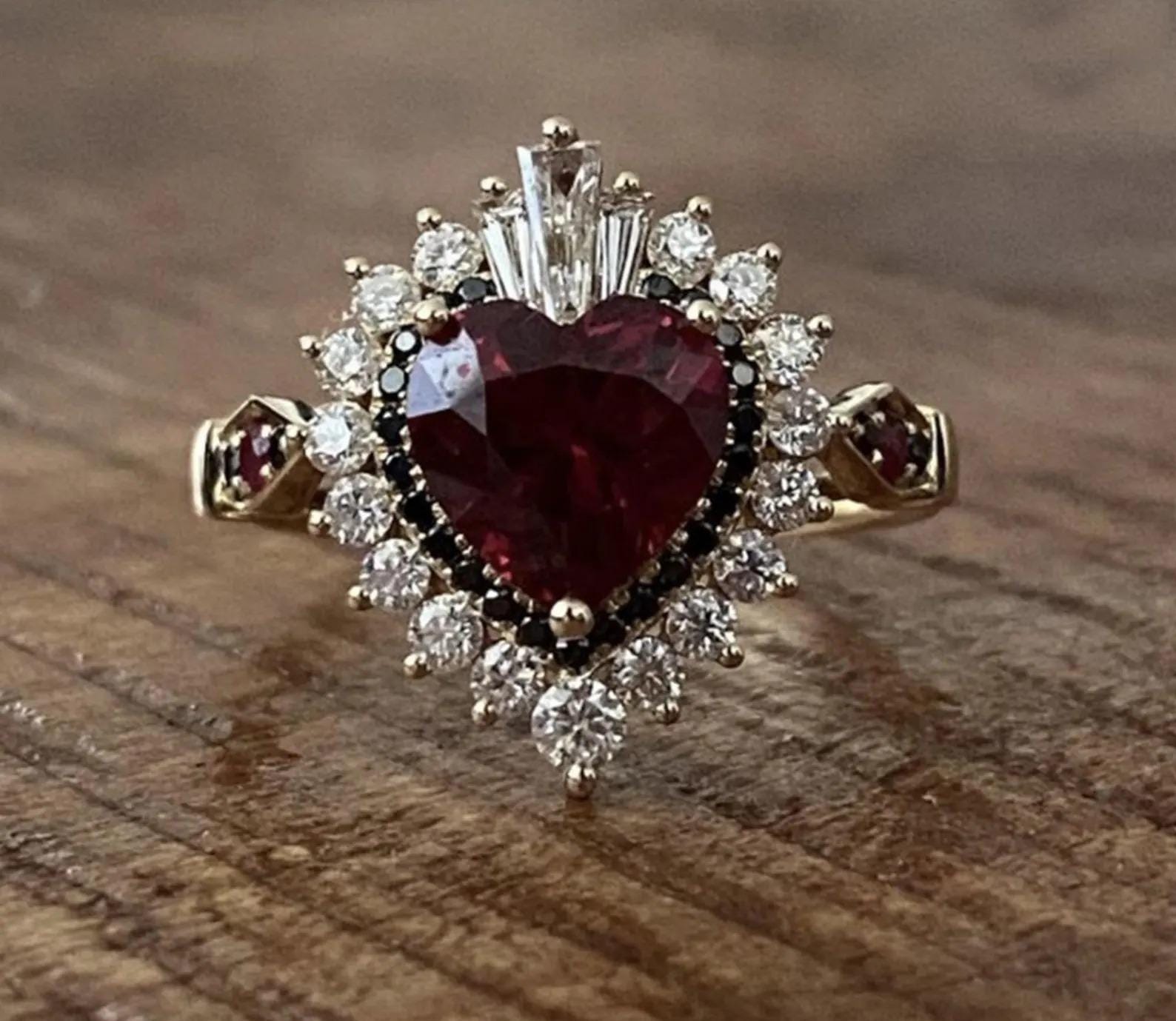 Gothic Heart Ruby Statement Ring | Yellow Gold Sacred Heart Halo Ring ...