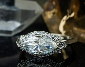 Vintage Marquise Engagement Ring | 14K White Gold Milgrain Solitaire Ring | Art Deco Style Unique Proposal Ring | Antique Filigree Setting