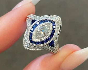 Vintage Marquise Engagement Ring | 14K White Gold Milgrain Solitaire Ring | Art Deco Style Unique Proposal Ring | Antique Filigree Setting