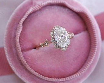 Oval Cut Moissanite Engagement Ring, Vintage Rose Gold Ornate Diamond Halo Ring, 14K Gold Anniversary Ring Gift for Her