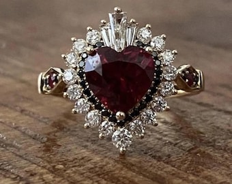 Gothic Heart Ruby Statement Ring | Yellow Gold Sacred Heart Halo Ring | Vintage Inspired Black & White Diamond Anniversary Gift