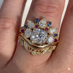 Cushion Cut Diamond Wedding Ring Set, Art Deco Yellow Gold Sunburst Ring, Sapphire Ruby Crown Curved Band Set for Women