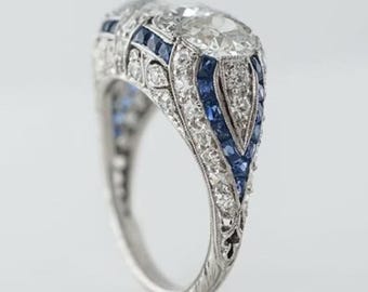Vintage Three Stone Diamond Sapphire Ring, 18K White Gold Art Deco Dome Ring, Round Cut Anniversary Wedding Gift