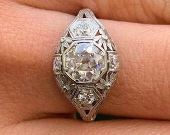 Antique Filigree Engagement Ring, Old Mine Cut Moissanite Ring, 14K White Gold Geometric Edwardian Wedding Ring, Anniversary Gift