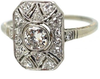 Geometric Art Deco Engagement Ring | Vintage Octagonal Halo Round Cut Ring | Solid 14K White Gold Milgrain Wedding Ring