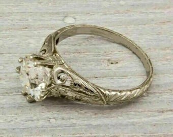 Antike Blumen gravierte Solitär Verlobungsring | Vintage Style Moissanite 14k Weißgold Versprechen Ring | Verziertes filigranes Band