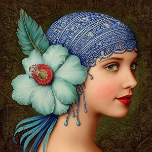 May include: A portrait of a woman with fair skin, green eyes, and red lipstick. She wears a blue head covering with intricate patterns and a large, light blue flower with a red center. Blue feathers and dangling beads complete the look.