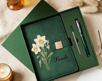Personalized Leather Journal | Birth Flower Notebook with Pen | Custom Name Diary | Birthday Gift for Her | Bridesmaid Proposal Gift Set