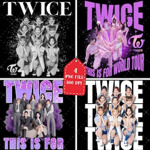 以下が含まれることがあります： K-POPグループTwiceの4つの画像コラージュ。画像にはグループ写真と「TWICE」と「THIS IS FOR WORLD TOUR」というテキストが含まれています。画像は白黒、紫、青など、さまざまな色です。