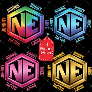 Może przedstawiać: Cztery cyfrowe pliki PNG z wystylizowanym logo "NE" w kolorach tęczy, niebieskim, różowym i złotym. Każde logo znajduje się w sześciokącie i jest otoczone nazwami. Czerwona etykieta wskazuje szczegóły pliku.