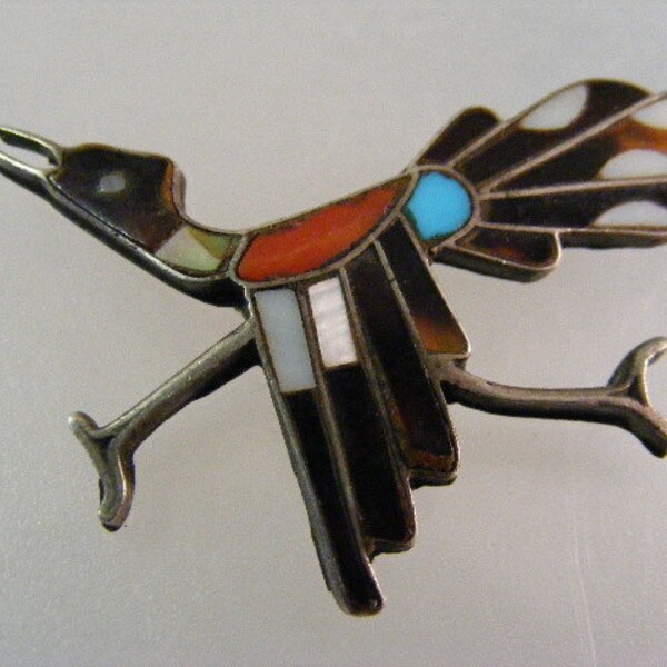 Antique Inlaid Roadrunner Native American Brooch Pin.... Lot 5041