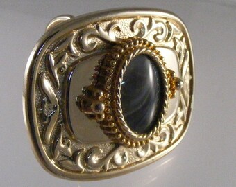 Vintage Gold Tone Banded Agate Cabochon Western Belt Buckle  display picture 2