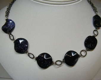 SALE... Was 43.75...NOW 29.75...Vintage Blue Goldstone Facy Beaded Sterling Silver Necklace .....  Lot 6141