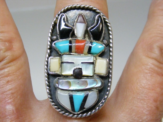 Striking Vintage Native American Zuni Turquoise Coral Kachina Sterling Silver Ring Old Striking Vintage Native American Zuni Turquoise Coral Kachina Sterling Silver Ring Old
