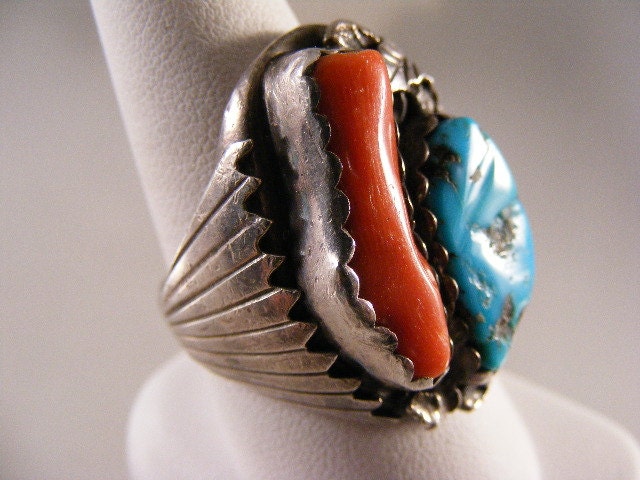 Large Vintage Native American Mens Turquoise and Branch Coral Ring in ...