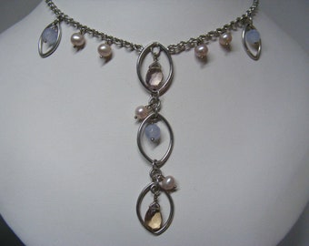 Vintage Fancy Amethyst and Blue Chalcedony and Pearl Drop Necklace in Sterling Silver..... Lot  6504