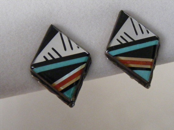 Vintage Native American Zuni Inlaid  Earrings in … - image 1