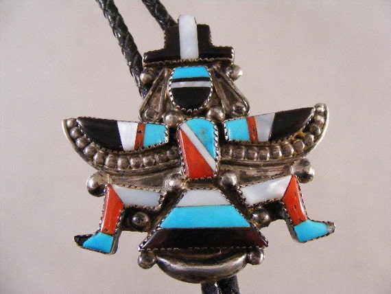 Enormous Vintage Native American Zuni Inlay Turquoise Coral Knifewing Sterling Silver Bolo Enormous Vintage Native American Zuni Inlay Turquoise Coral Knifewing Sterling Silver Bolo