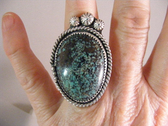 Stunning Extra Large Spider Web Turquoise Ring in… - image 1