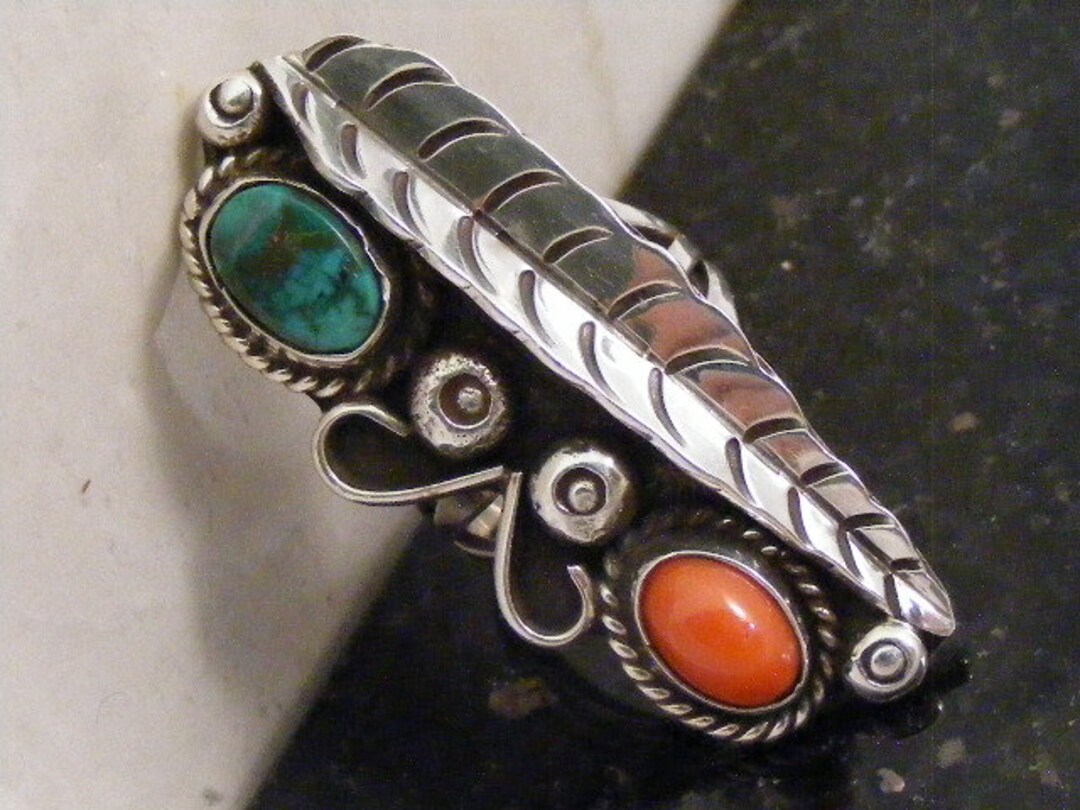 Vintage Southwest Turquoise Coral Feather Ring in Sterling Silver Lot ...