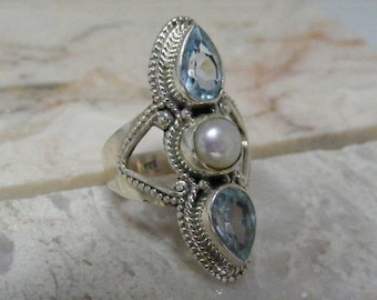 Vintage  Blue Topaz  and Pearl Sterling Silver Ring  .....Lot 6485
