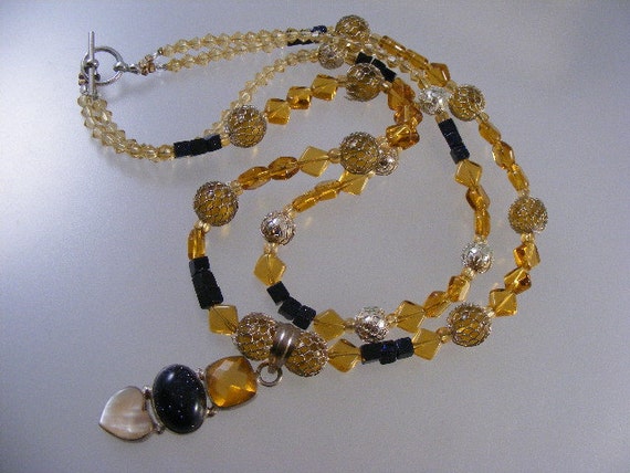 Vintage Gold and Goldstone Bead Necklace with Ste… - image 3