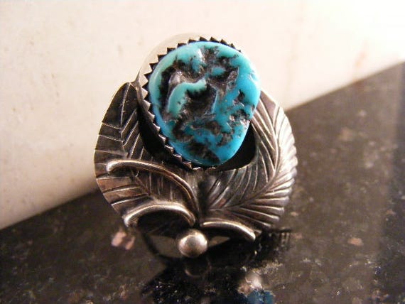Striking Vintage Native American Jewelry Zuni Turquoise Sterling Silver Feather Ring Old Striking Vintage Native American Jewelry Zuni Turquoise Sterling Silver Feather Ring Old