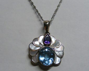 Lovely Vintage Blue Topaz, Amethyst and Mother of Pearl Pendant with Chain in Sterling Silver..... Lot 6800