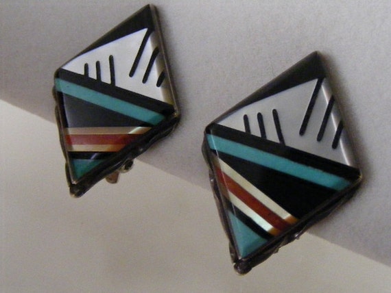 Vintage Native American Zuni Inlaid  Earrings in … - image 2
