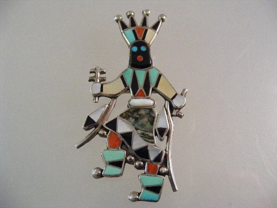 Vibrant Vintage Native American Zuni Inlay Turquoise Coral Jet Sterling Silver Knifewing Pin Vibrant Vintage Native American Zuni Inlay Turquoise Coral Jet Sterling Silver Knifewing Pin