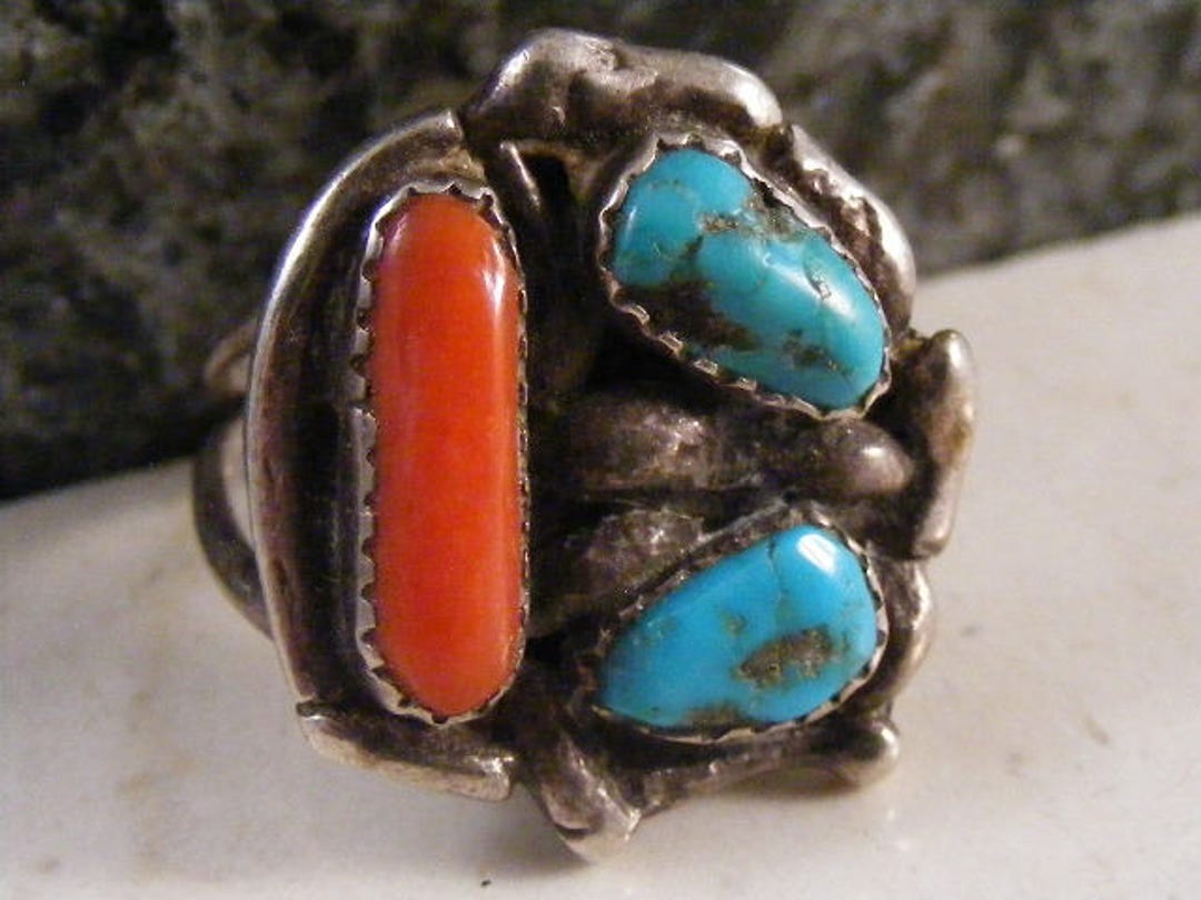 Vintage Southwest Sterling Silver Turquoise Coral Multi Stone Ring ...