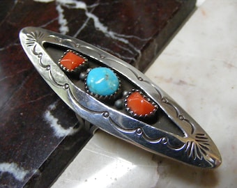 Vintage Navajo Signed I. Curly Turquoise Coral Shadow Box Ring in Sterling Silver  Lot 6837